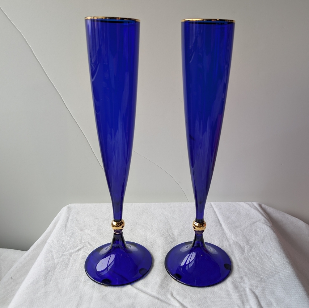 Rogaska Blue Gold Rim & Ball Stem Champagne Flutes Vintage - 2